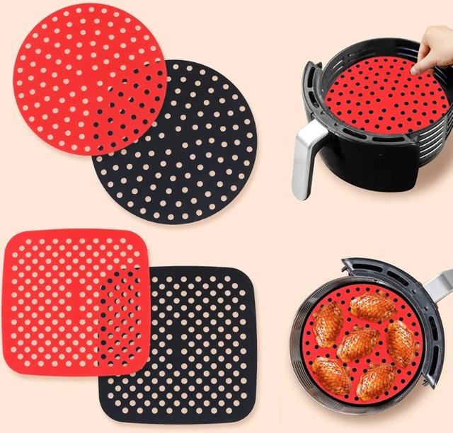 Wiederverwendbare Air Fryer Silikon Matte in Schwarz, quadratische Antihaft-Backmatte für Heißluftfritteusen - Bild 1