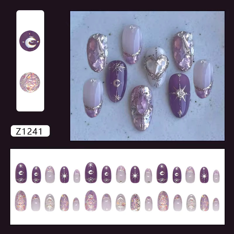 YADORNOS Press on Nails, Lila, Glänzend, Stern Mond Kristall Pailletten, 30 Stück - Bild 2