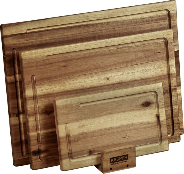 Kesper 3er Set Schneidebretter aus Holz mit Ständer in Braun, rechteckig mit Saftrinne - Bild 1