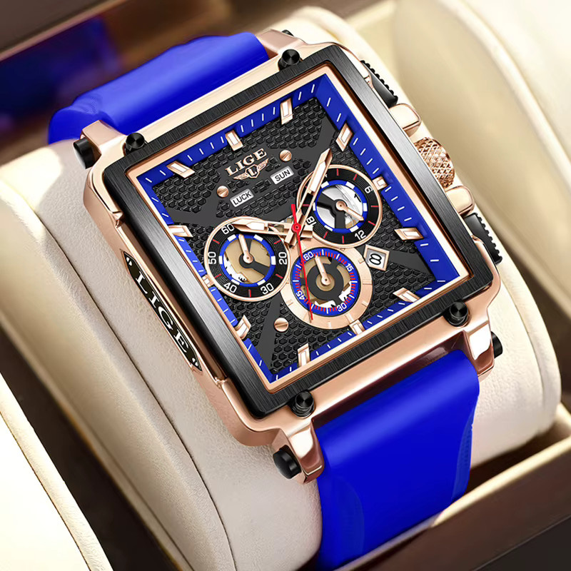 LIGE Armbanduhr Chronograph, Quarz, Eckig, Schwarz, Silikon, Herren - Bild 2