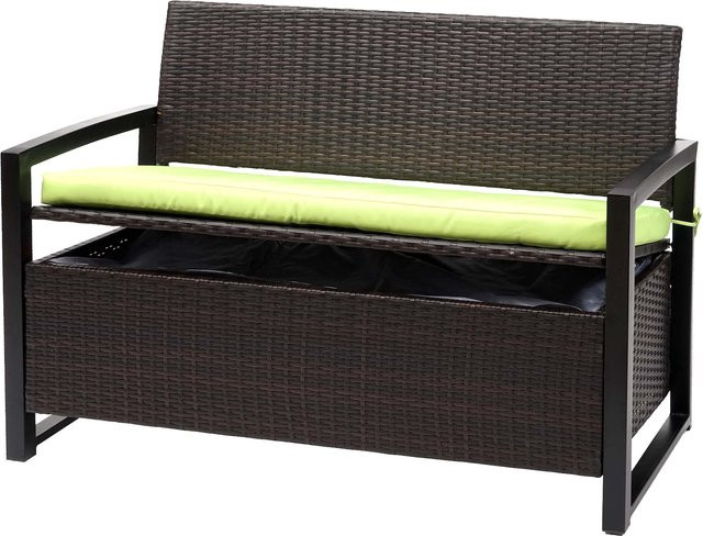 MCW Poly-Rattan 2er Sitzbank F39 Truhenbank mit Staufach in Braun und grünen Kissen - Bild 1