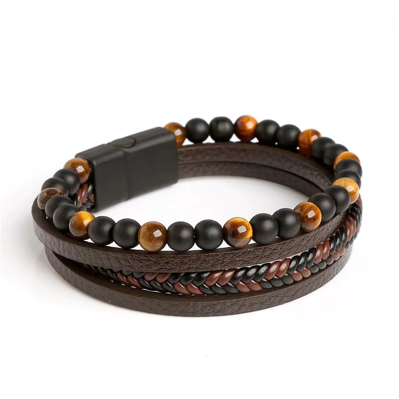 Jiayiqi Armband, Leder, Perle, Schwarz, Herren - Bild 3