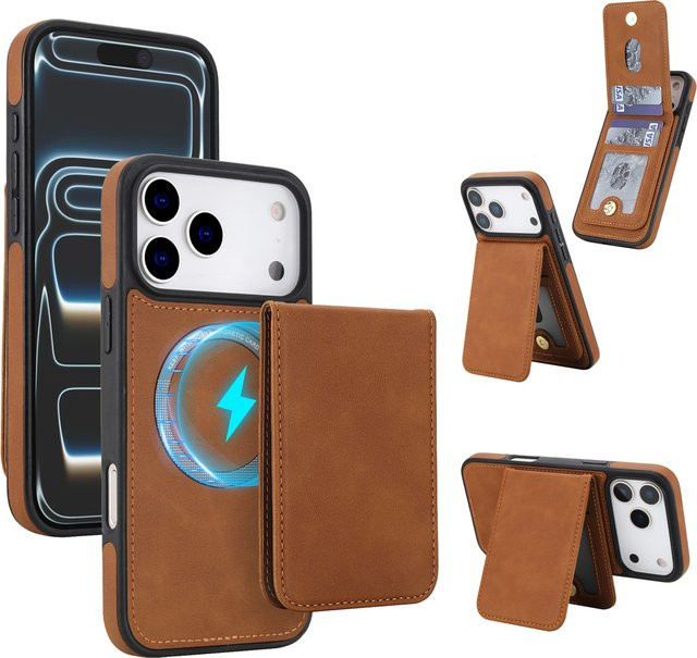 2in1 abnehmbare Leder-Handyhülle mit Kartenhalter und magnetischem Ständer für Apple iPhone, Farben: Gold und Braun - Bild 1