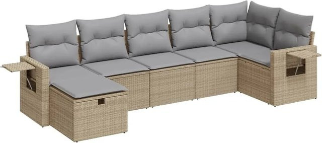 vidaXL 7-teilige Garten-Sofagarnitur in L-Form mit Kissen und Ottoman, Beige, Poly-Rattan mit Metallgestell - Bild 1