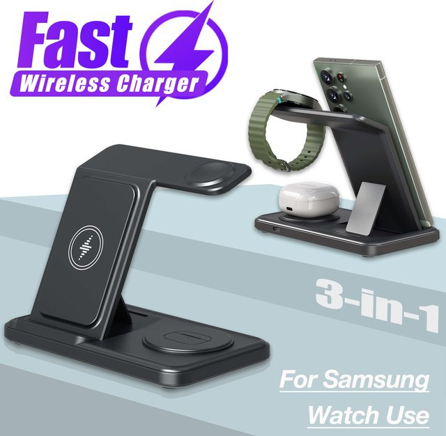 3-in-1 faltbare kabellose Ladestation für Samsung Galaxy S25 S24 S23 S22, Galaxy Watch und Buds in Schwarz - Bild 1