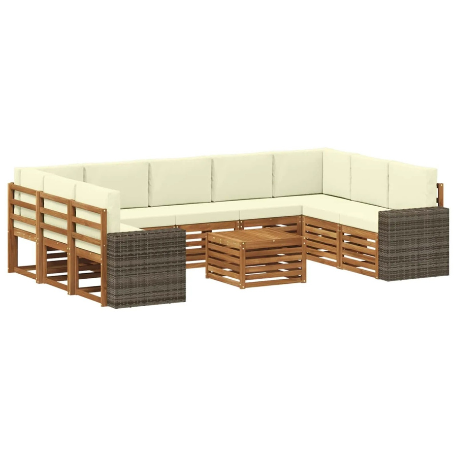 vidaXL Sofagarnitur aus Massivholz Akazie in L-Form, 10-teiliges Set in Natur und Beige mit wetterfesten Polstern und Armlehnen - Bild 2