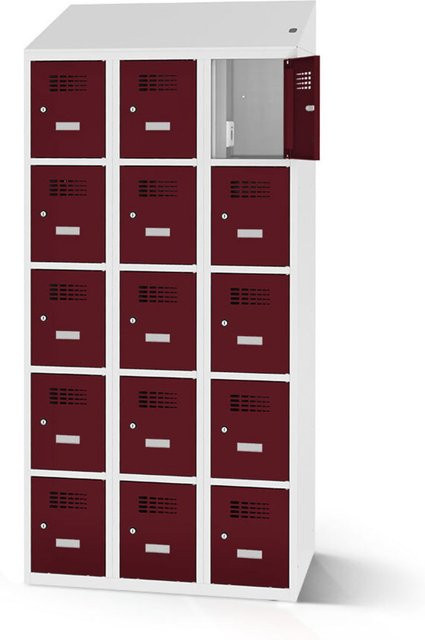 rotstahl Fächerschrank mit Ladefunktion und 15 Fächern in Bordeaux mit lichtgrauem Korpus, Breite: 120 cm, Höhe: 200 cm - Bild 1