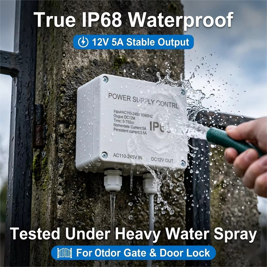 WITSNK IP68 Wasserdichte Stromversorgung für die Zugangskontrolle im Freien, 12 V, 5 A, mit einstellbarem Verzögerungstimer und Überlastschutz, Weiß - Bild 3