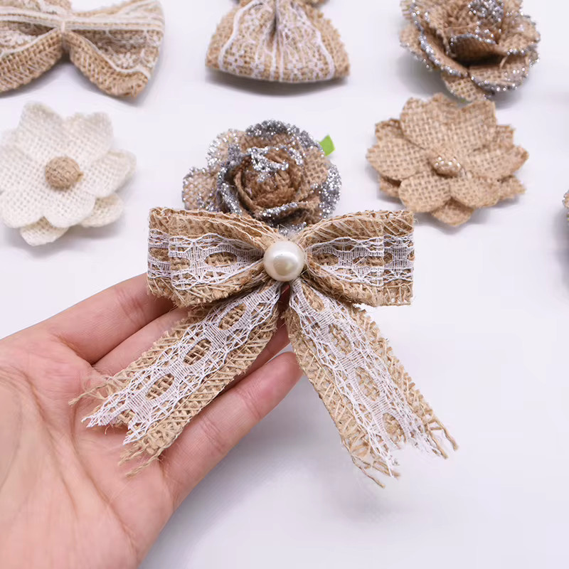 5 Stück Jute-Schleifen mit Spitze in Beige für Vintage-Dekorationen, Hochzeiten und DIY-Bastelprojekte - Bild 2