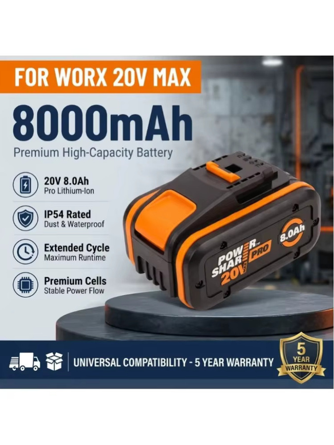 WORX 20V 8,0Ah PowerShare Akku WA3535 mit LED-Ladeanzeige in Orange, kompatibel mit allen WORX 20V Werkzeugen - Bild 1