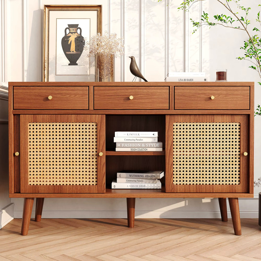 Comanlai Sideboard Schubladenschrank mit Rattan-Türen in Walnuss-Finish, Mid-Century Aufbewahrungsschrank für dein Wohnzimmer, Braun - Bild 1