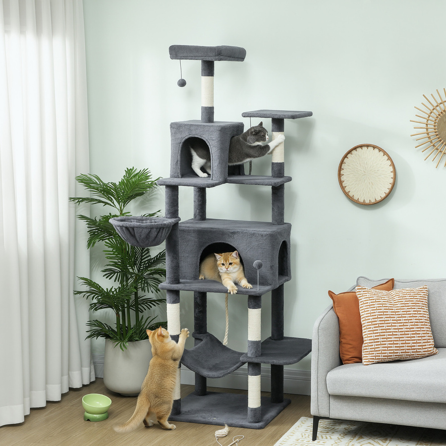 PawHut Kratzbaum für Katzen in Dunkelgrau mit 6 Sisal-Stämmen, 2 Höhlen, 2 Schlafplätzen, Hängematte und Spielzeug, Höhe: 202 cm - Bild 2