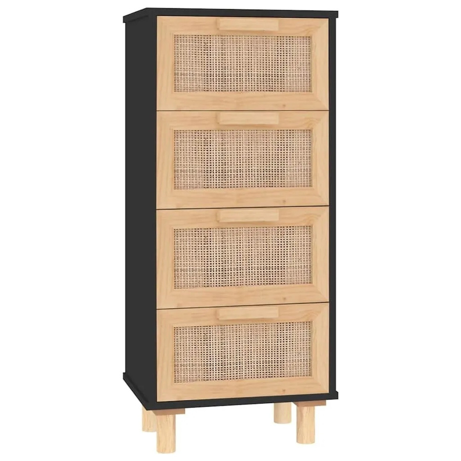 vidaXL Sideboard Schwarz aus Massivholz Kiefer und Natur-Rattan im Boho-Stil, B/T/H: 40 x 30 x 90 cm - Bild 3