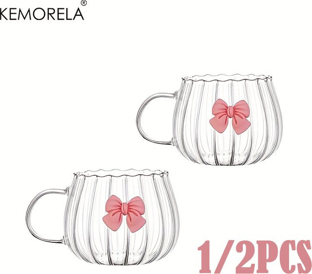 KEMORELA Glas-Kürbisbecher mit rosa Schleifen und vertikalen Streifen, transparent/pink, 2 Stück - Bild 1