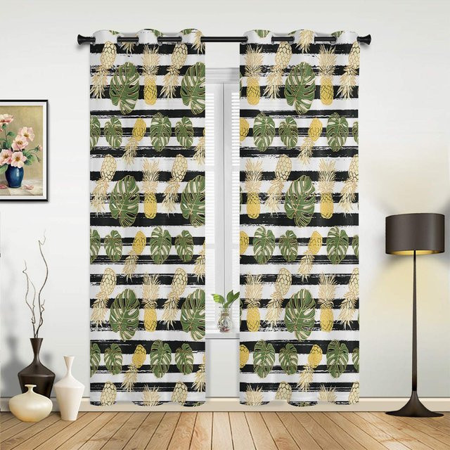 Super Six Moderne Fenstervorhänge mit Tropischen Pflanzen und Ananas-Streifen, Beige, Breite: 135 cm, Höhe: 60 cm - Bild 1