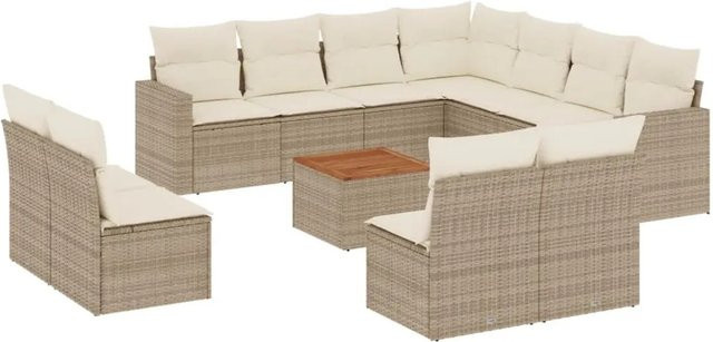 vidaXL 12-tlg. Garten-Sofagarnitur in L-Form aus Poly-Rattan und Akazienholz mit Kissen in Beige/Cremeweiß - Bild 1