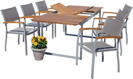Merxx Naxos Gartenmöbel Set aus Aluminium, Textil und Akazienholz in Grau mit Ausziehtisch und 7 Sitzplätzen - Bild 1