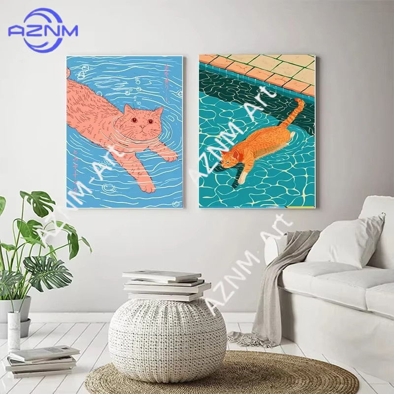 KAYOU Wandbild mit Cartoon-Katzen-Illustration in Orange und Multicolour, modernes Leinwandposter für deine Wanddekoration - Bild 2