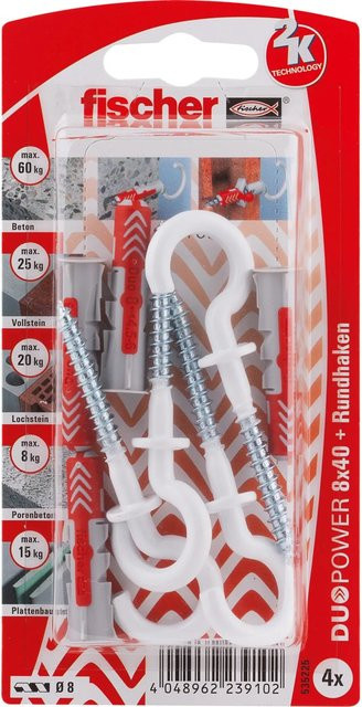 Fischer DuoPower Dübel mit Rundhaken, Durchmesser: 8 mm, Länge: 40 mm, 4 Stück, Grau und Rot - Bild 1