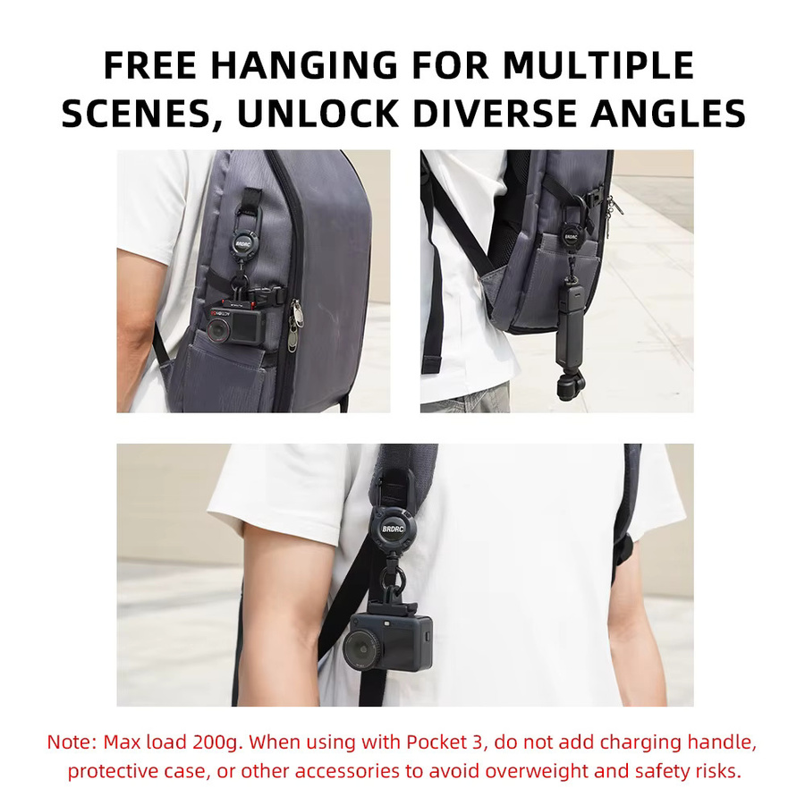 BRDRC Ausziehbare Halterungen für DJI Pocket 4 3 und Insta360 X5 X4 inklusive Lanyard-Rucksack-Schnallenhalterung und Outdoor-Kopfclip in Schwarz - Bild 5