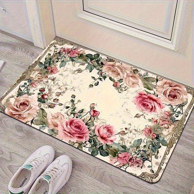 VIKAMA Fußmatte mit Vintage-Rosen-Blumenmuster in Multicolour, rutschfest und maschinenwaschbar - Bild 1