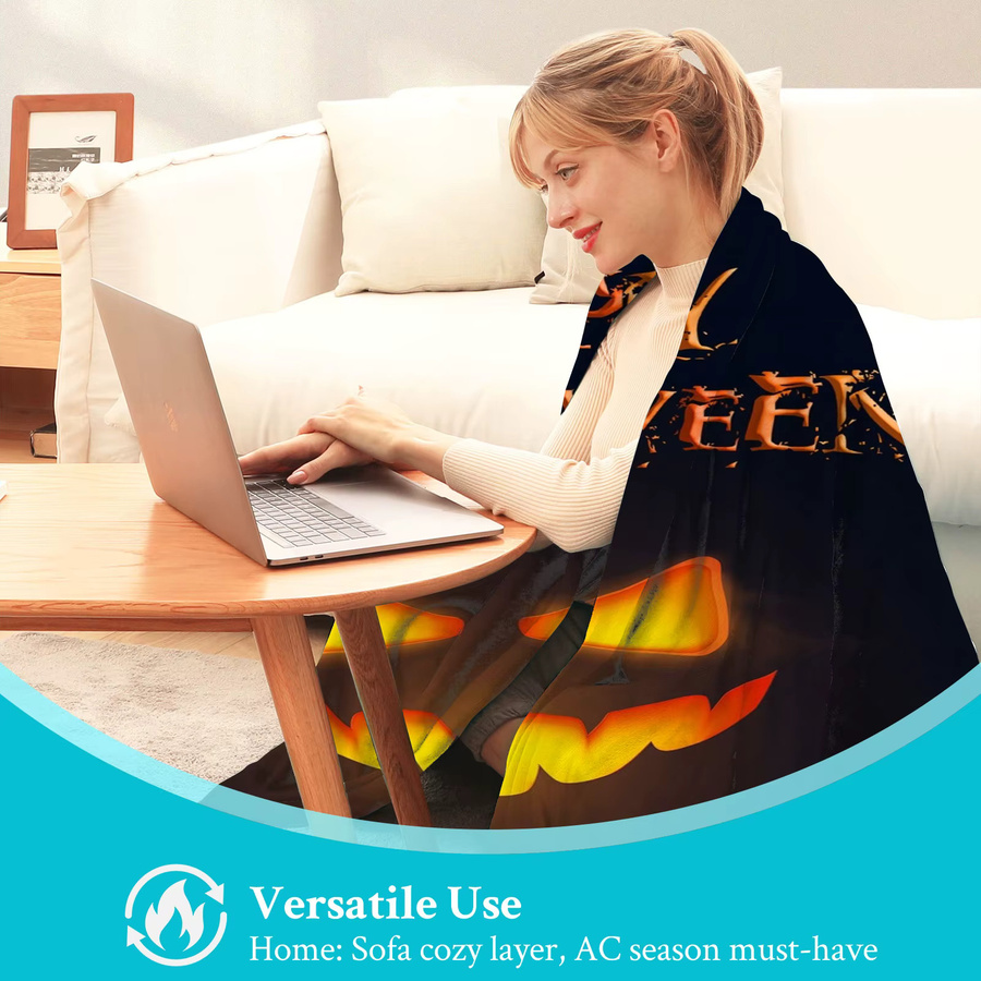 SRH Personalisierte Halloween Fleece-Decke mit Jack-O'-Lantern Kürbis-Druck, Schwarz, Unisex - Bild 4