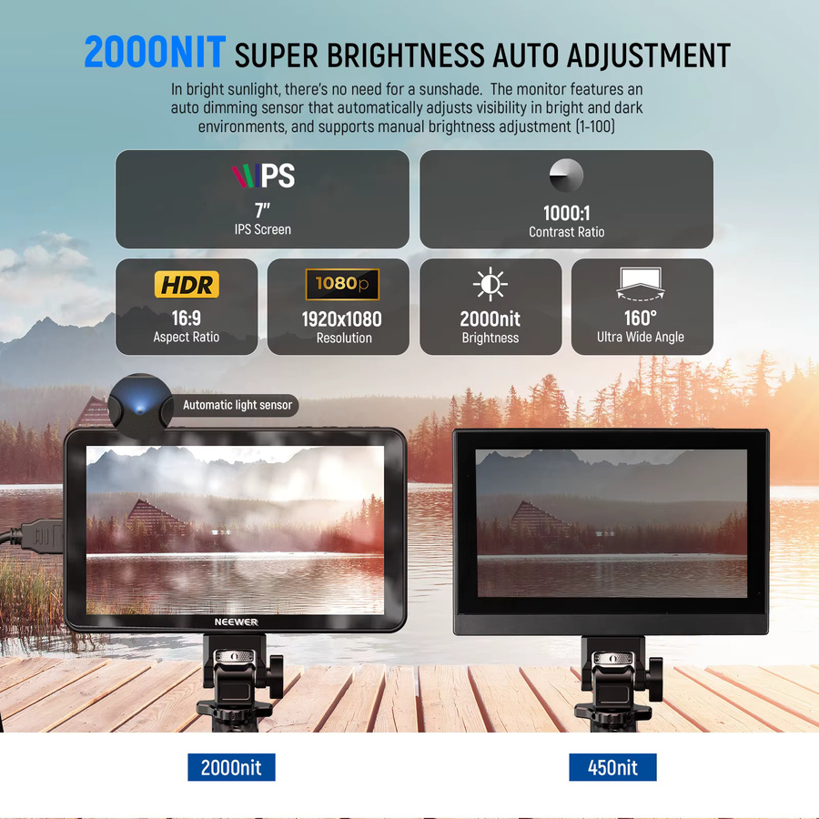 NEEWER F700 7 Zoll Kamera-Feldmonitor in Schwarz mit 4K HDMI Loop In/Out, Peak Focus, HDR und Wellenform für DSLR Video Assist - Bild 3