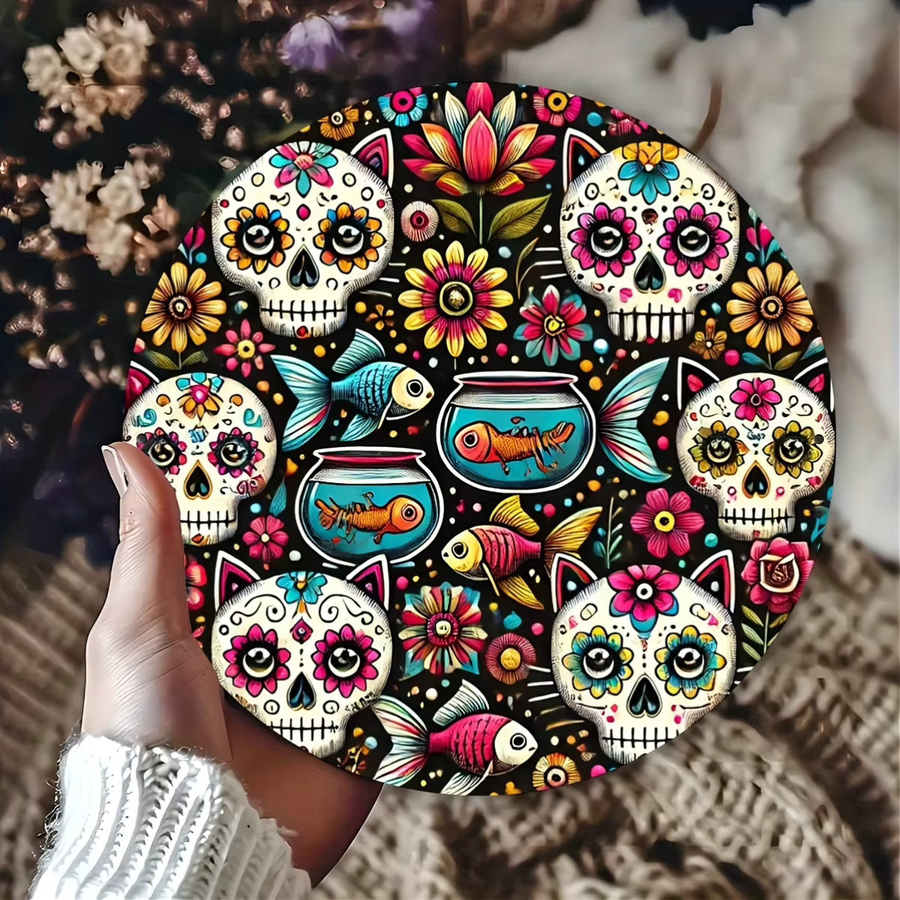 Potdemiel Zuckerschädel-Kranz-Schild, runde Aluminium-Dekoration für Dia de los Muertos und Cinco De Mayo, Mehrfarbig, Durchmesser: 20 cm - Bild 4