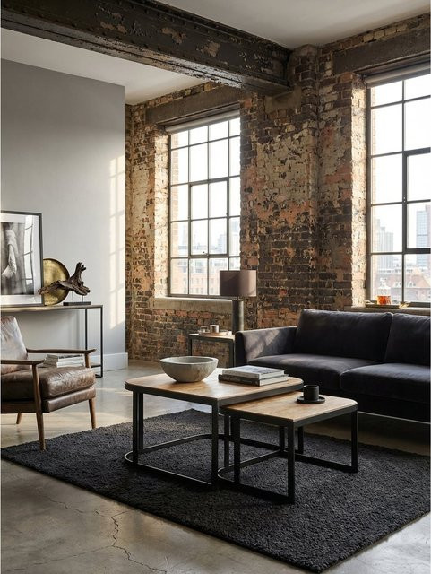 KADIMA DESIGN Couchtisch 2er Set Industrial Rund aus Mango Massivholz und Metall, Farbe Braun, B/T/H: 60 x 60 x 40 cm - Bild 1