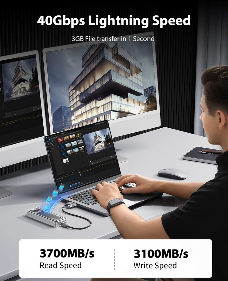 ORICO USB4 M.2 NVMe SSD Gehäuse mit 40Gbps Übertragungsrate und Kühlventilator, kompatibel mit Thunderbolt 4/3 und M.2 SSDs der Formate 2230, 2242, 2260, 2280 (M Key) - Bild 6