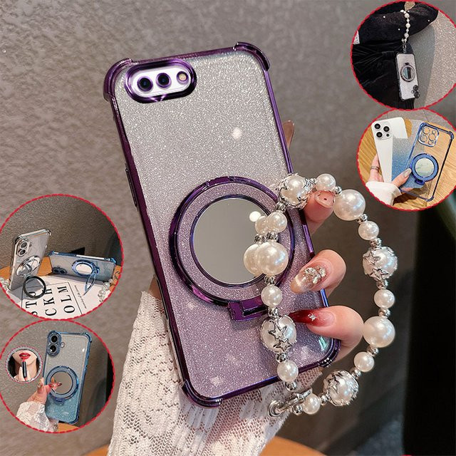 DONGLILE Handyhülle mit Bling Glitzer Lippenstift Spiegel und Perlenkette in Pink für Oppo A3S, A12e, AX5 und Realme C1 - Bild 1