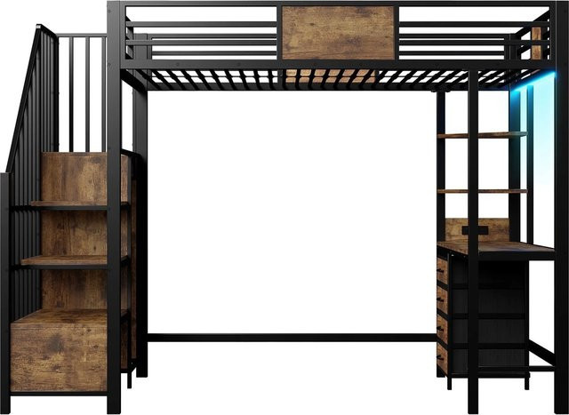 Merax Hochbett mit Schreibtisch und LED-Unterbettbeleuchtung aus Metall und MDF, Schwarz, B/T/H: 200 x 90 x 175 cm - Bild 1