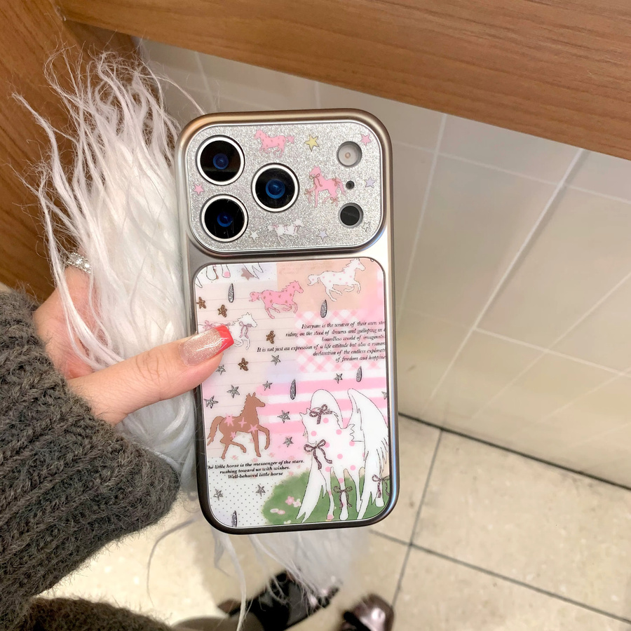 TROPLET Handyhülle mit Pastellfarbenem Collage-Design in Pink für iPhone 17 16 15 14 13 Pro Max mit Patchwork, Sternenhimmel, Pony und Glitzer-Kamera-Rahmen - Bild 2