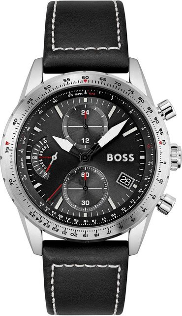 Hugo Boss Herrenuhr, Pilot, Quarz, Edelstahl, 44 mm, Leder, Schwarz - Bild 1