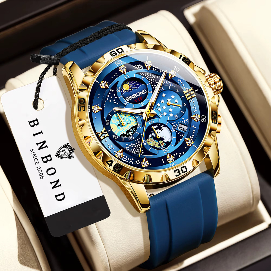 BINBOND Chronograph, Quarz, Blau, Gold, Silikon, Herren - Bild 2