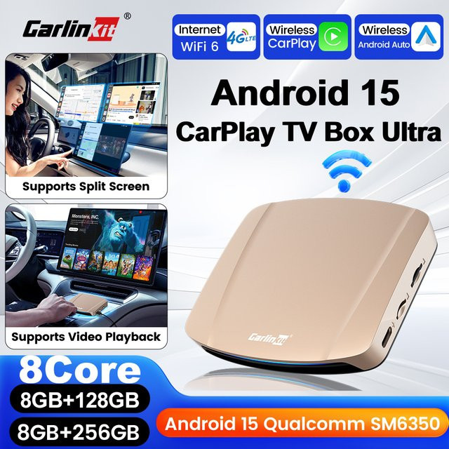 CarlinKit CarPlay Ai Box Android 15 Ultra mit SM6350 Chip, 8GB RAM + 256GB/128GB Speicher, WiFi 6 Wireless Android Auto Adapter und Smart TV Box - Bild 1