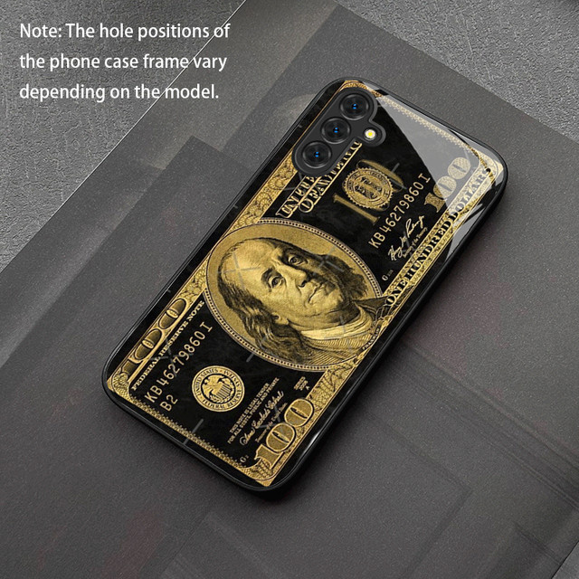 Sturzsichere Handyhülle aus gehärtetem Glas mit Gold-Banknoten-Design für Samsung Galaxy S26 S25 S24 S22 S21 FE Ultra Plus 5G in Gold und Schwarz - Bild 1