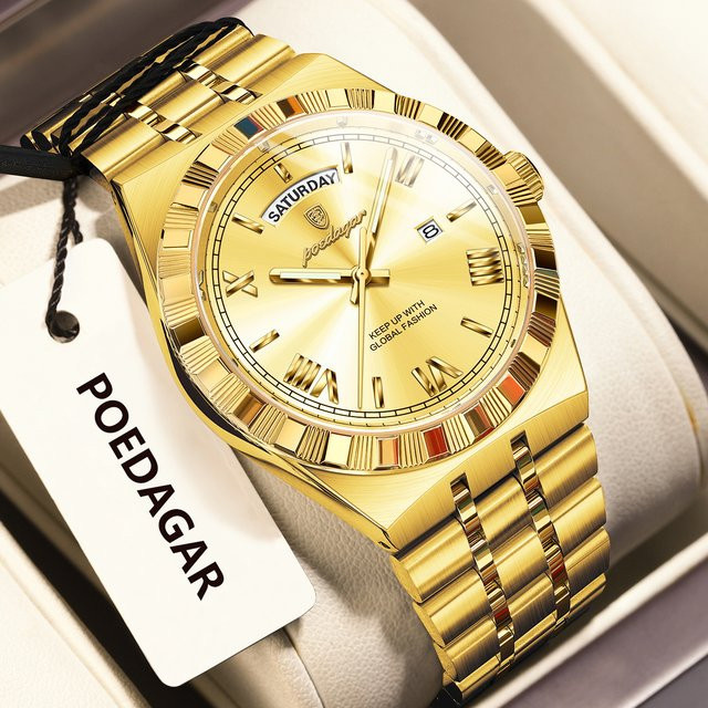 POEDAGAR Armbanduhr Quarz, Edelstahl, Gold, Silber, Herren - Bild 1