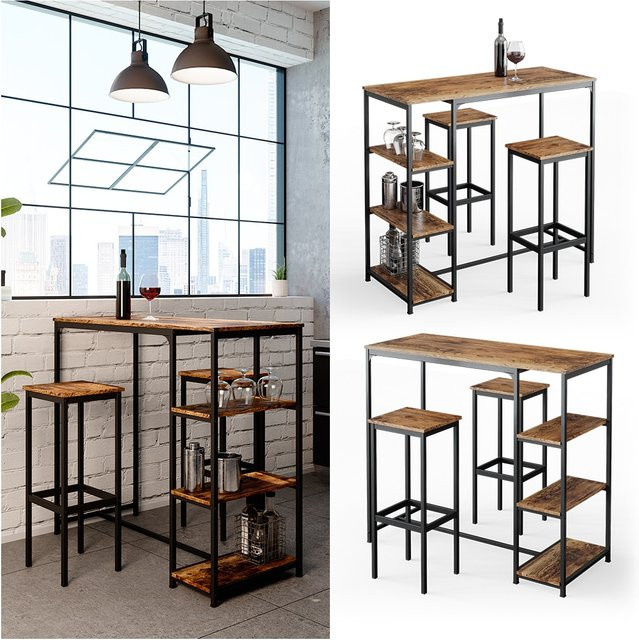 Vicco Bartisch Set Fyrk in Braun mit 2 Barhockern und Stehtisch inklusive 3 Ablagen und Metallgestell - Bild 1