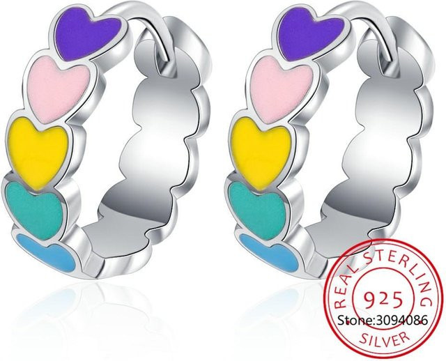 Creolen 925 Silber, Regenbogenfarben Emaille Herz, Damen - Bild 1