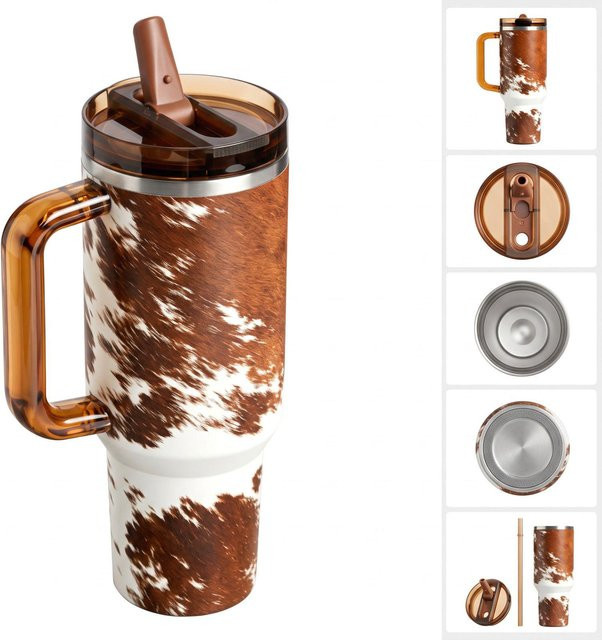 Cilili Edelstahl-Reisebecher mit Griff und Kuhmuster, 40 oz Becher für heiße und kalte Getränke, Braun - Bild 1