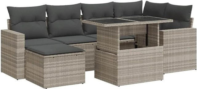 vidaXL 7-teilige Garten-Sofagarnitur in L-Form aus Poly-Rattan in Hellgrau mit Kissen und Armlehnen - Bild 1