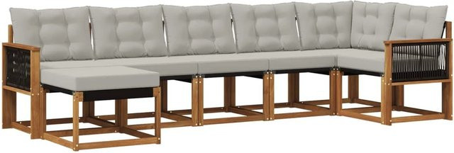 vidaXL Outdoor-Sofagarnitur L-Form aus Akazienholz mit 7 Kissen in Natur und Hellgrau - Bild 1