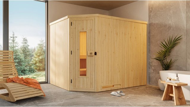 Weka Element-Ecksauna Varberg in Braun mit 7,5 kW BioS Sparset und Holztür, B/H/T: 244 x 199 x 194 cm - Bild 1
