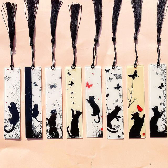 8 Stück Acryl-Lesezeichen mit Katzen- und Schmetterlingsmuster in Schwarz und Multicolour - Bild 1