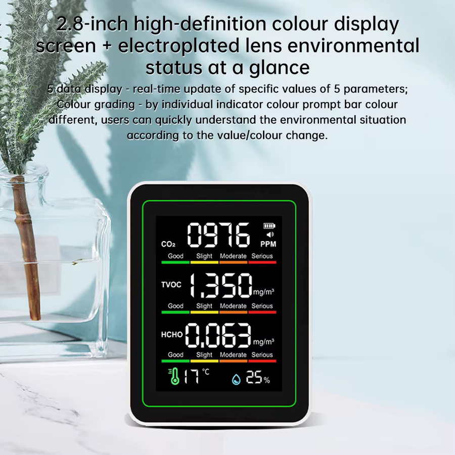 Gaqqee 5-in-1 Luftqualitätsmonitor in Schwarz mit CO2-Detektor, Formaldehyd-Messgerät sowie Temperatur- und Feuchtigkeitsmonitor und Typ-C-Anschluss - Bild 5
