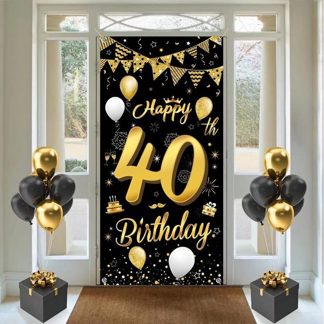 OURFETE Türbanner Happy 40. Geburtstag in Schwarz-Gold mit Ballon-Konfetti-Muster, Fotohintergrund für Geburtstagsfeiern, Breite: 90 cm, Höhe: 180 cm - Bild 1