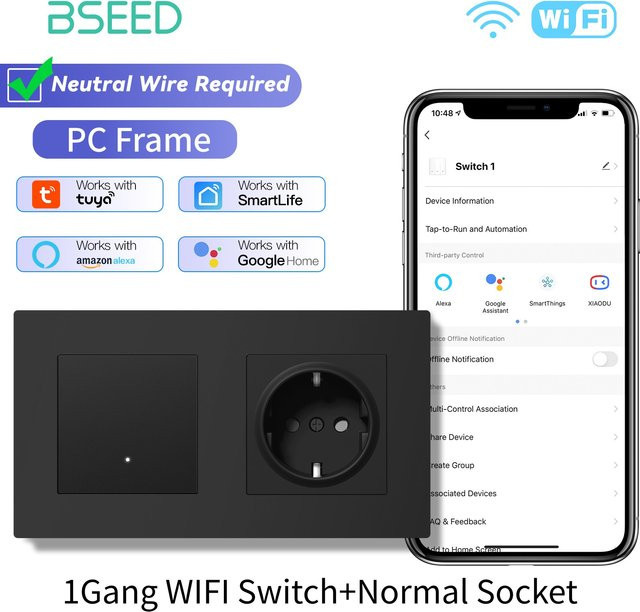 BSEED E-Serie WLAN-Klick-Wandschalter mit integrierter Steckdose, Schwarzer Kunststoffrahmen, Gelbe Hintergrundbeleuchtung, Tuya App-Steuerung, EU-Standard - Bild 1