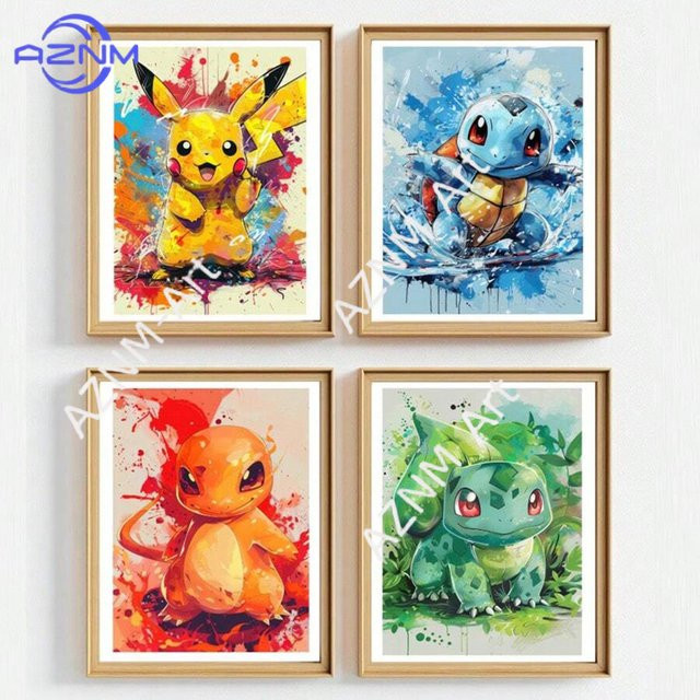 Potdemiel Anime Pokemon Wandkunst Leinwandgemälde mit Pikachu, Charmander, Bulbasaur und Squirtle in Mehrfarbig, Modernes Rechteckiges Poster für Wohnzimmer und Kinderzimmer - Bild 1