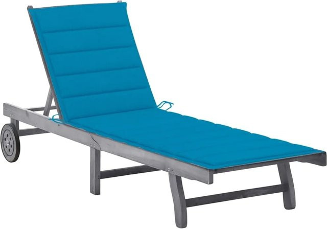 vidaXL Sonnenliege aus Akazien-Massivholz mit blauer Auflage in Grau - Bild 1